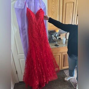 Ellie Wilde Red Lace Prom Dress